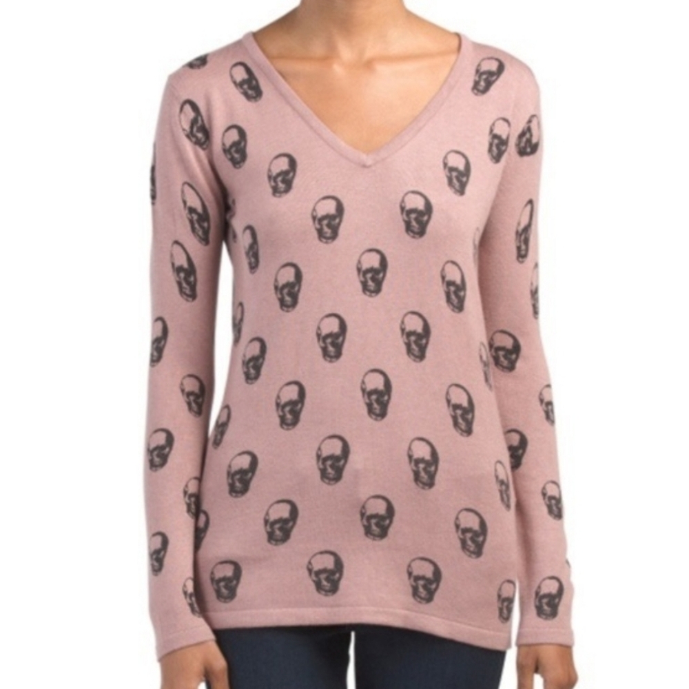 Philosophy Pink Skull Cashmere Blend V-Neck Sweater Soft Goth Statement Knit S